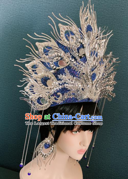 Chinese Handmade Blue Crystal Phoenix Hat Hair Accessories Halloween Modern Fancywork Headwear for Women