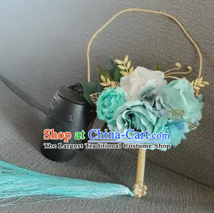Chinese Traditional Wedding Palace Fans Ancient Bride Green Peony Phoenix Round Fans for Women