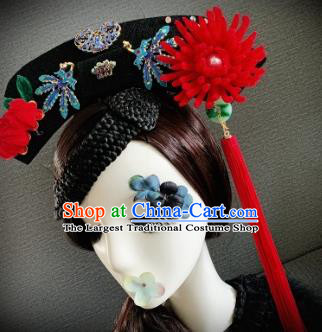 Traditional Chinese Ancient Palace Red Velvet Chrysanthemum Hair Accessories Qing Dynasty Queen Headwear for Women