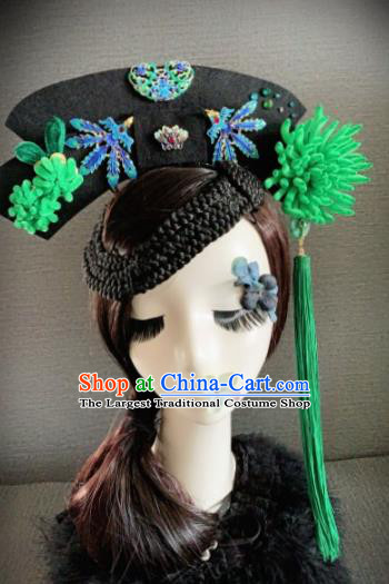Traditional Chinese Ancient Palace Green Velvet Chrysanthemum Hair Accessories Qing Dynasty Queen Headwear for Women