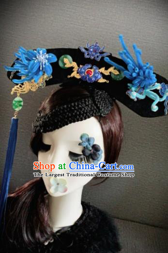 Traditional Chinese Ancient Palace Blue Velvet Phoenix Hair Accessories Qing Dynasty Queen Headwear for Women