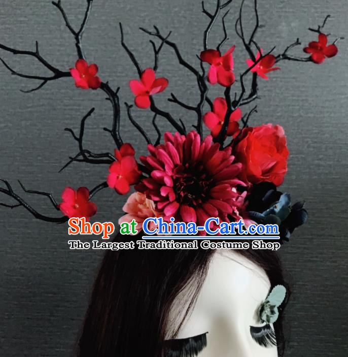 Top Grade Halloween Gothic Red Flowers Branch Hair Accessories Brazilian Carnival Headwear for Women