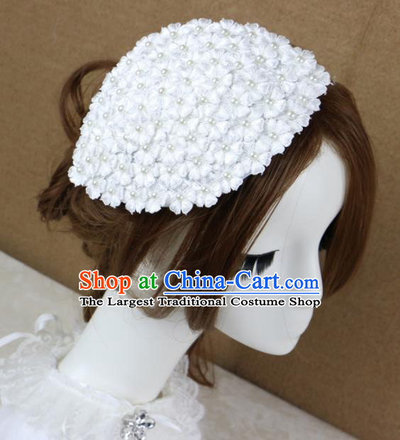 Top Grade Stage Performance White Lace Hair Accessories Princess Bride Pearls Headwear for Women