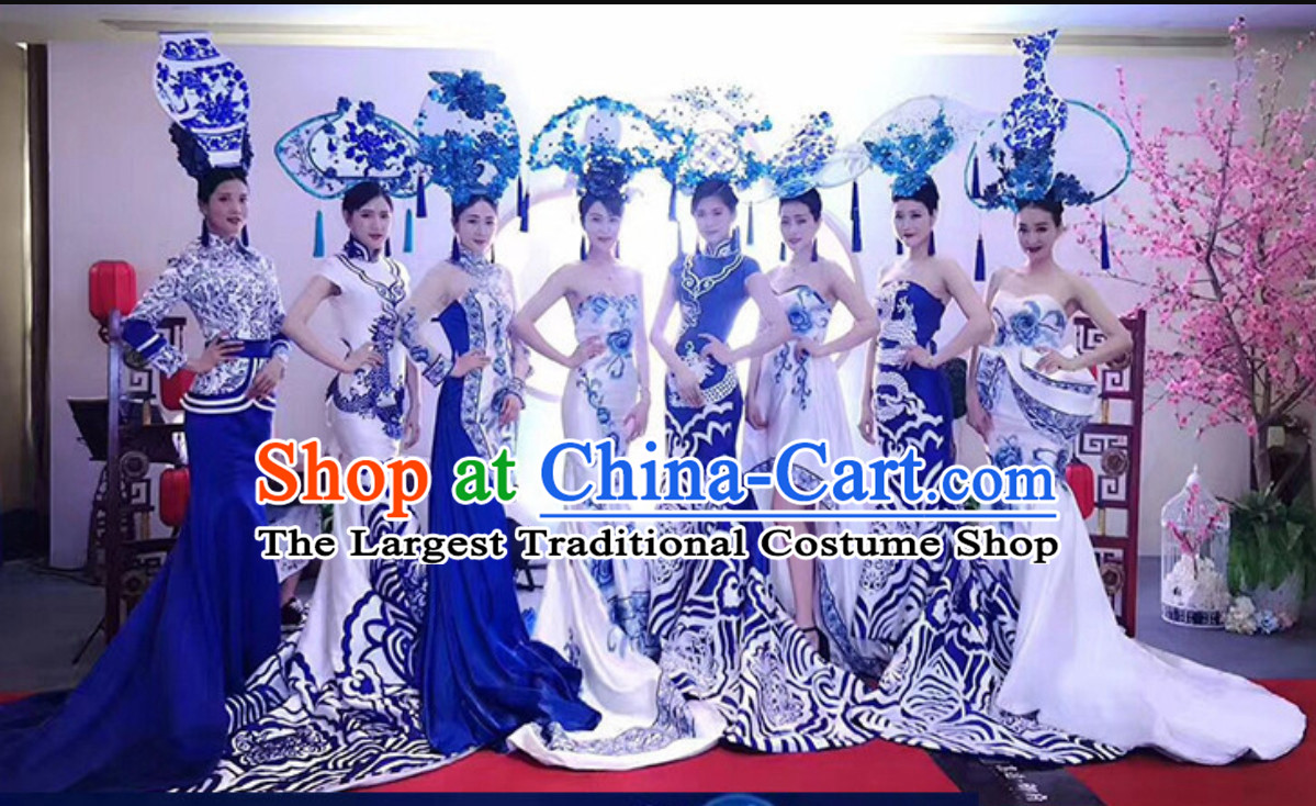 Traditional Blue and White Porcelain Silk Fabric Maxi Dress Long Evening Dress