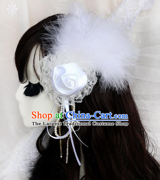 Top Grade Baroque Princess White Feather Rose Hair Stick Headwear Wedding Bride Hair Accessories for Women