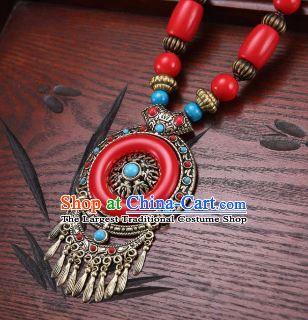 Handmade Chinese Zang Nationality Red Necklace Traditional Ethnic Necklet Accessories for Women