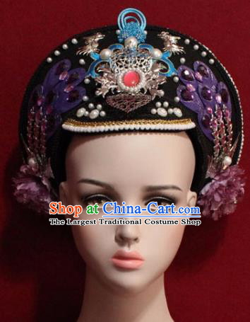 Chinese Ancient Manchu Empress Headwear Purple Phoenix Hat Traditional Qing Dynasty Queen Hair Accessories for Women
