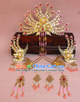 Chinese Ancient Princess Rosy Phoenix Coronet Headwear Traditional Tang Dynasty Queen Hairpins Hair Accessories for Women