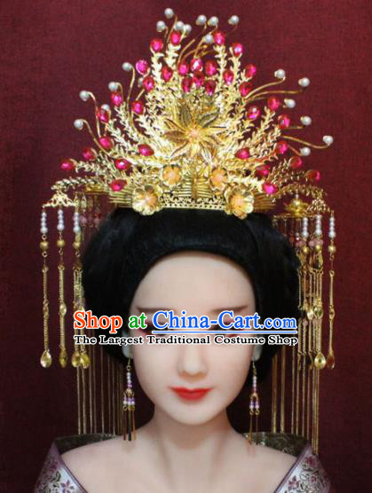 Chinese Ancient Rosy Crystal Phoenix Coronet Headwear Traditional Tang Dynasty Queen Hairpins Hair Accessories for Women