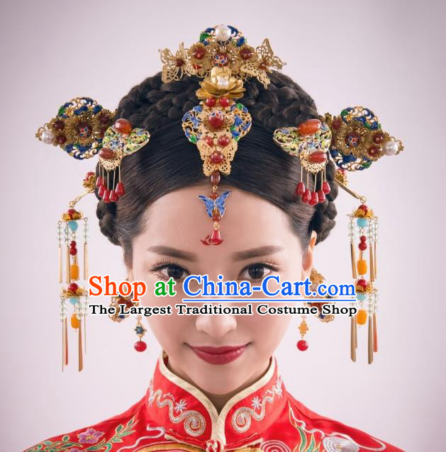 Chinese Ancient Bride Blueing Phoenix Coronet Hairpins Traditional Palace Wedding Hair Accessories Complete Set for Women
