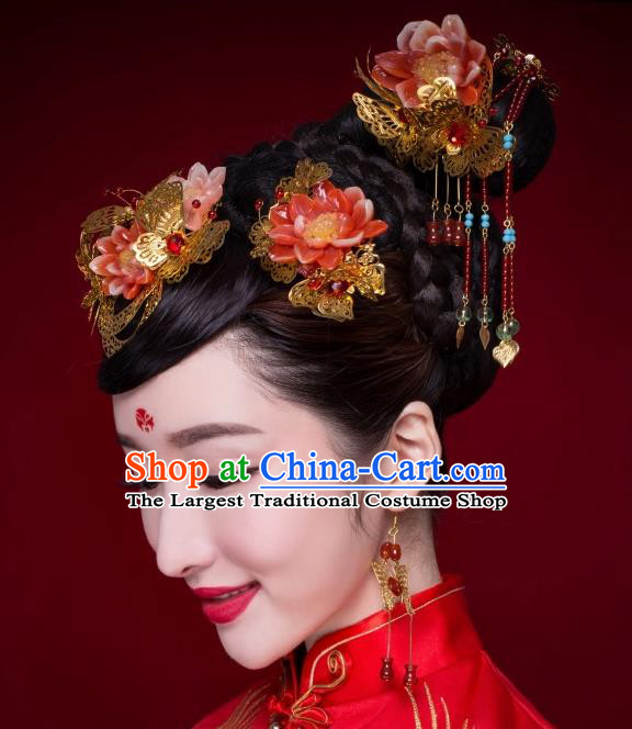Chinese Ancient Bride Hairpins Red Lotus Phoenix Coronet Traditional Palace Wedding Hair Accessories Complete Set for Women