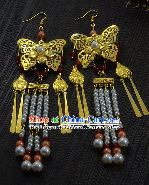 Handmade Chinese Hanfu Golden Butterfly Tassel Earrings Traditional Ancient Princess Ear Accessories for Women