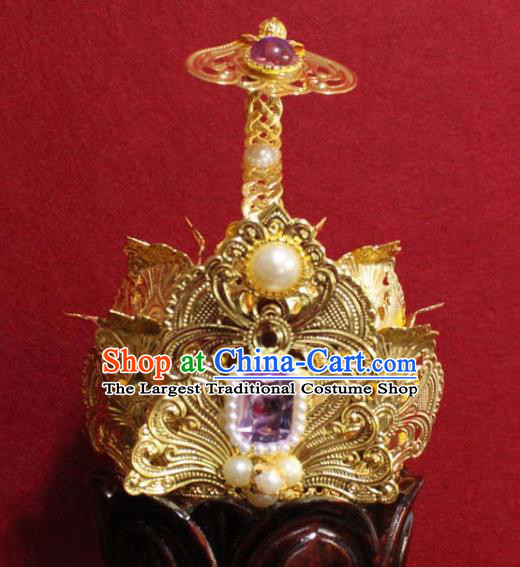 Handmade Chinese Taoism Purple Crystal Hairdo Crown Traditional Ancient Taoist Swordsman Hair Accessories for Men