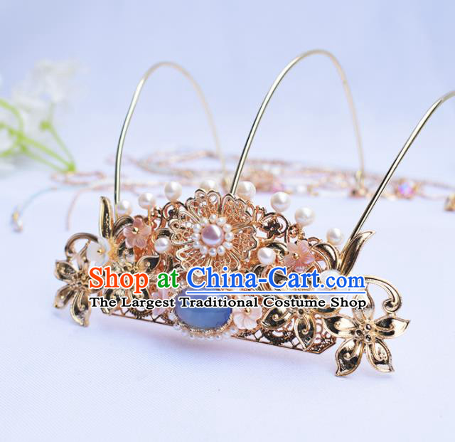 Chinese Ancient Princess Hairpins Blue Chalcedony Tassel Phoenix Coronet Traditional Hanfu Hair Accessories for Women