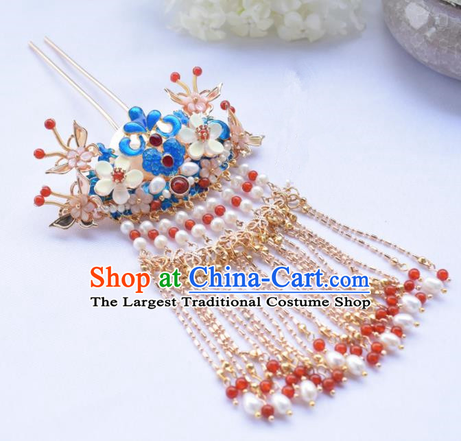 Chinese Ancient Princess Palace Cloisonne Tassel Hairpins Traditional Handmade Hanfu Hair Accessories for Women