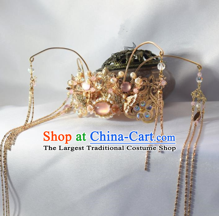 Chinese Ancient Princess Palace Pink Chalcedony Tassel Hair Crown Hairpins Traditional Handmade Hanfu Hair Accessories for Women