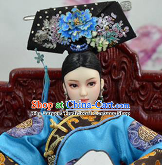 Chinese Ancient Palace Concubine Blueing Peony Headwear Traditional Qing Dynasty Manchu Imperial Consort Hair Accessories for Women