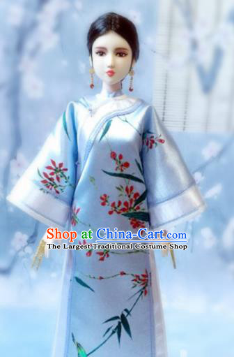 Chinese Qing Dynasty Manchu Lady Blue Qipao Dress Ancient Imperial Consort Embroidered Historical Costume for Women