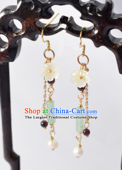 Chinese Ancient Princess Shell Flower Ear Accessories Traditional Hanfu Jade Tassel Earrings for Women