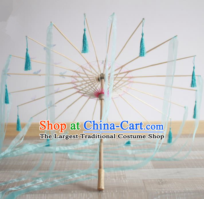 Handmade Chinese Traditional Green Ribbon Tassel Umbrellas Ancient Princess Umbrella