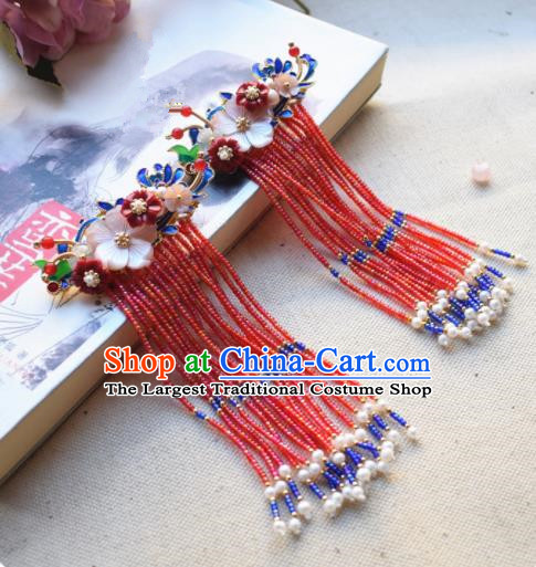 Chinese Ancient Princess Cloisonne Red Tassel Hairpins Traditional Handmade Hanfu Hair Accessories for Women