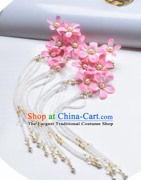 Chinese Ancient Princess Palace Pink Flowers Tassel Hair Claw Hairpins Traditional Handmade Hanfu Hair Accessories for Women