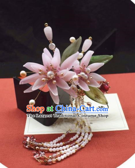 Chinese Ancient Palace Pink Flowers Tassel Hair Clip Princess Hairpins Traditional Handmade Hanfu Hair Accessories for Women