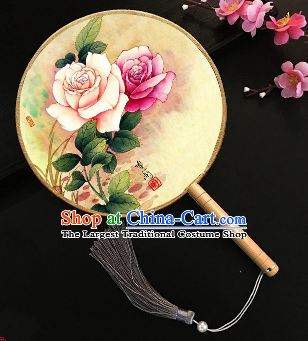 Chinese Handmade Classical Palace Fans Ink Painting Roses Silk Round Fan for Women
