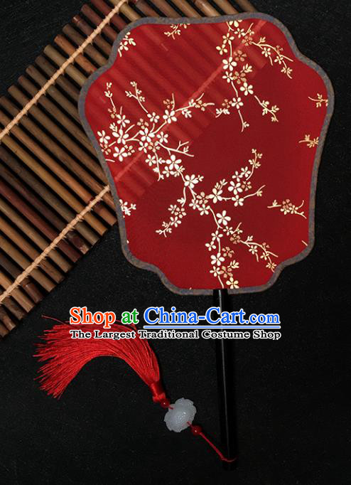Chinese Handmade Classical Palace Fans Traditional Gilding Plum Blossom Red Silk Fan for Women