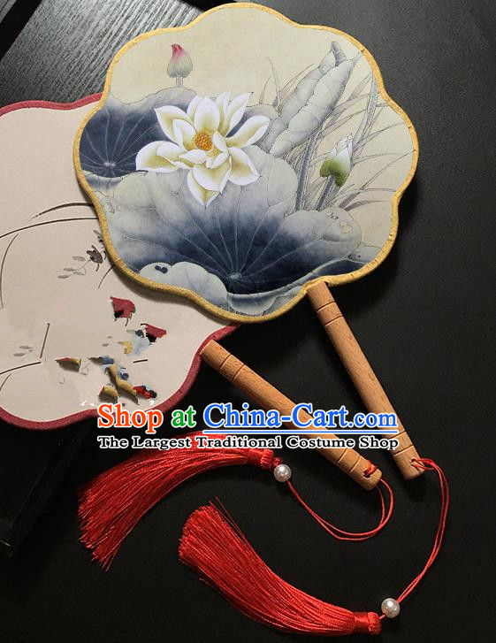 Chinese Handmade Classical Palace Fans Traditional Printing Lotus Hanfu Fan for Women