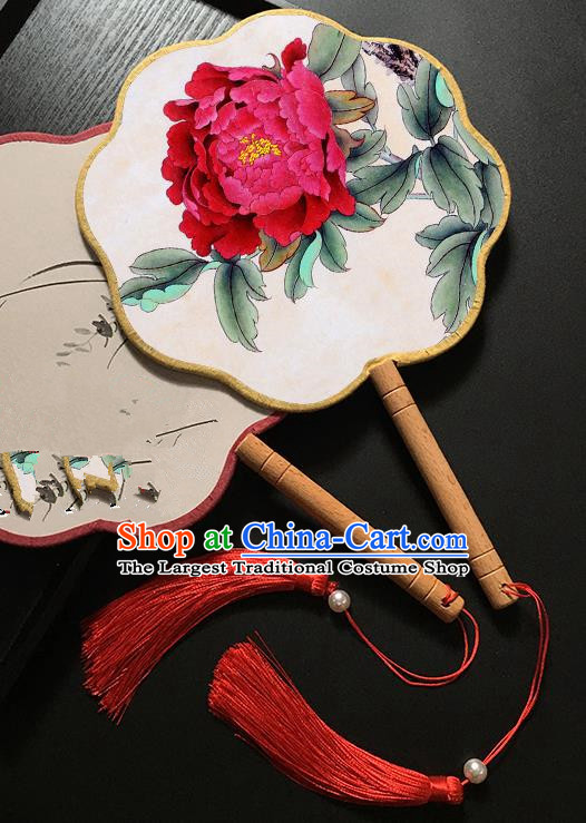Chinese Handmade Classical Palace Fans Traditional Printing Red Peony Hanfu Fan for Women