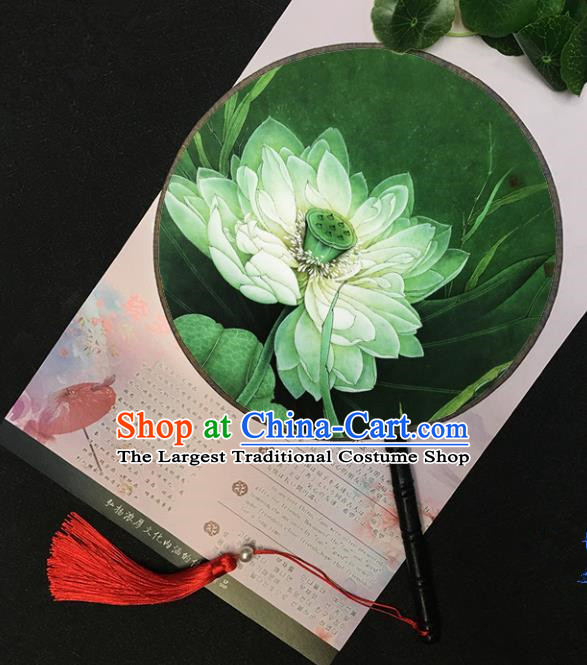 Chinese Handmade Classical Palace Fans Traditional Printing Lotus Green Round Fan for Women
