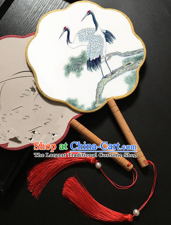 Chinese Handmade Classical Palace Fans Traditional Printing Cranes Hanfu Fan for Women