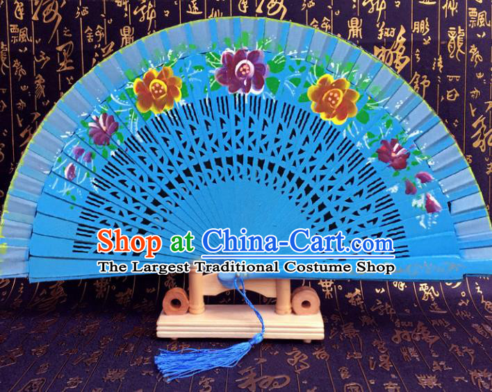 Chinese Handmade Classical Folding Fans Blue Wood Hollow Out Accordion Fan for Women