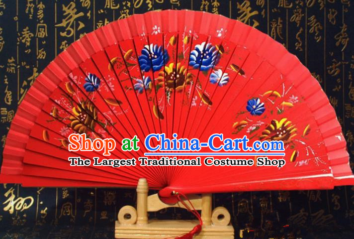 Chinese Handmade Classical Folding Fans Printing Rose Red Wood Accordion Fan for Women