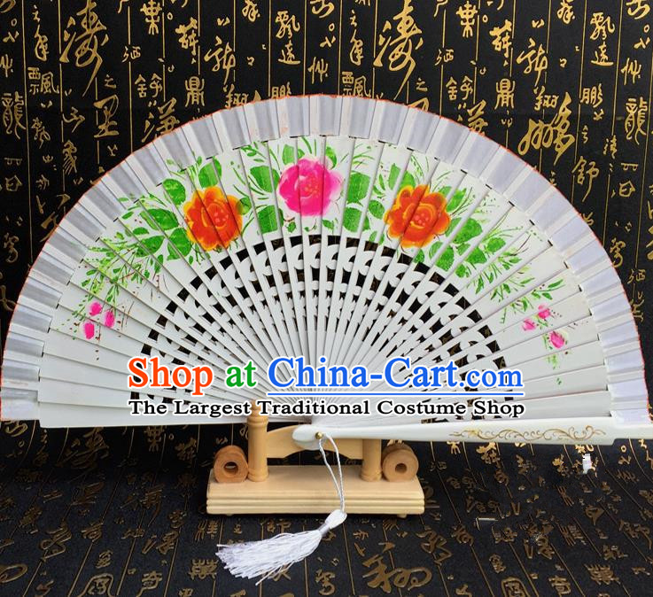 Chinese Handmade Classical Folding Fans Printing Flowers Wood White Accordion Fan for Women