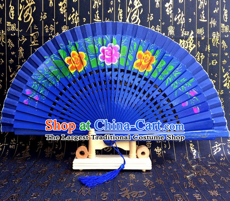 Chinese Handmade Classical Folding Fans Printing Flowers Wood Royalblue Accordion Fan for Women
