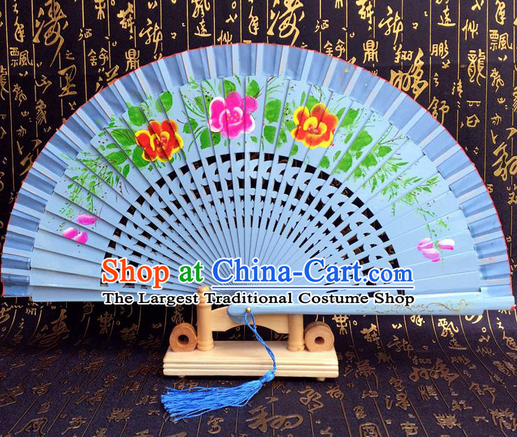 Chinese Handmade Classical Folding Fans Printing Flowers Wood Blue Accordion Fan for Women