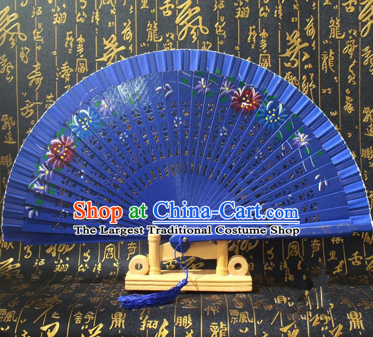 Chinese Handmade Classical Folding Fans Printing Flowers Wood Royalblue Silk Accordion Fan for Women
