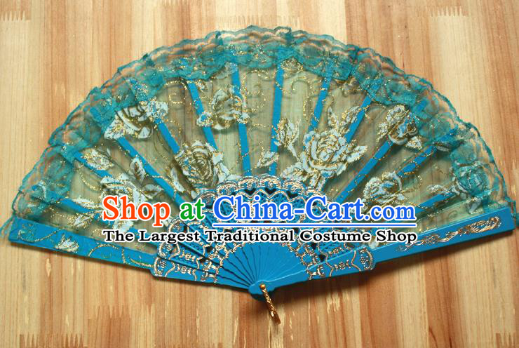 Chinese Handmade Folk Dance Blue Lace Rose Folding Fans Classical Accordion Fan for Women