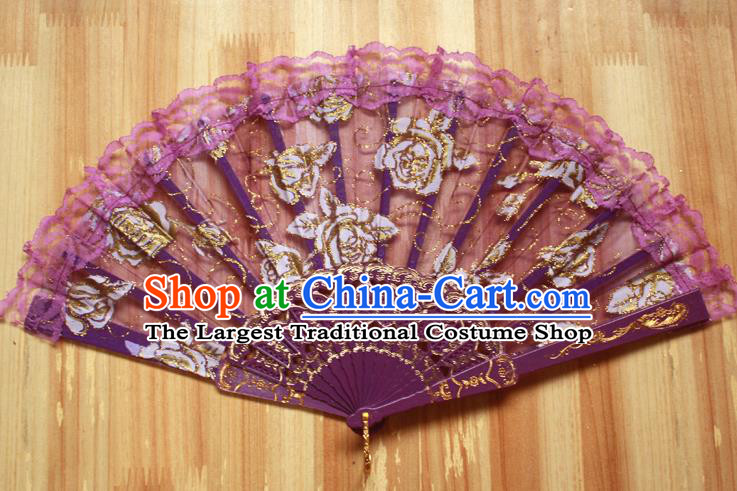 Chinese Handmade Folk Dance Purple Lace Rose Folding Fans Classical Accordion Fan for Women