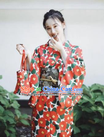 Japanese Handmade Printing Red Kimono Costume Japan Traditional Yukata Dress for Women