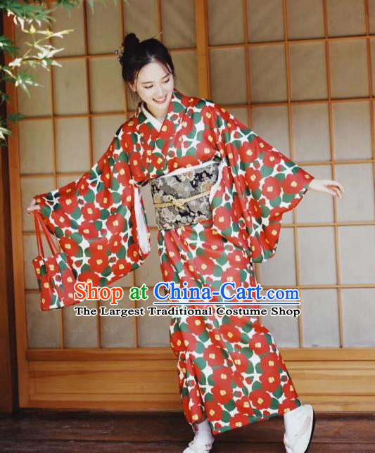 Japanese Handmade Printing Red Kimono Costume Japan Traditional Yukata Dress for Women