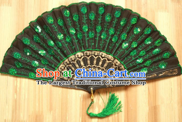 Chinese Handmade Classical Folding Fans Folk Dance Green Paillette Silk Accordion Fan for Women
