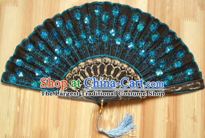 Chinese Handmade Classical Folding Fans Folk Dance Blue Paillette Silk Accordion Fan for Women
