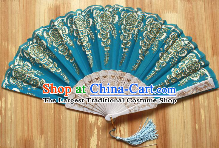 Chinese Handmade Classical Lake Blue Folding Fans Folk Dance Accordion Fan for Women