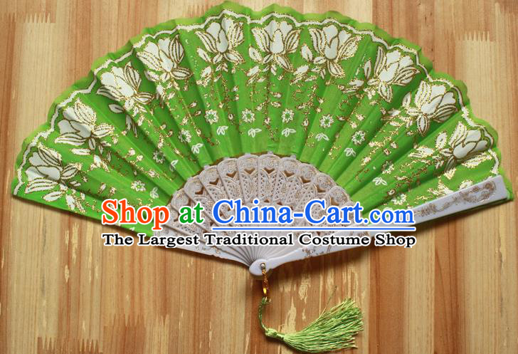 Chinese Handmade Folk Dance Green Folding Fans Classical Accordion Fan for Women