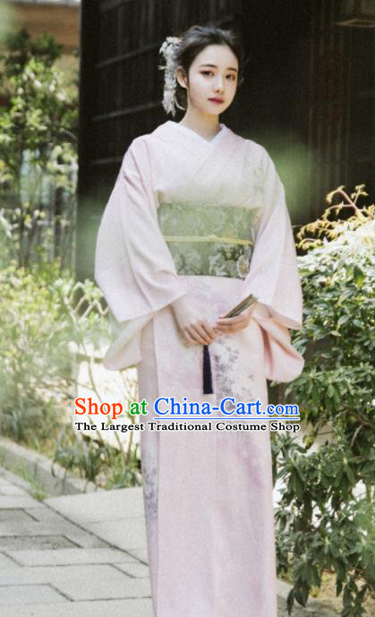 Japanese Handmade Light Pink Kimono Costume Japan Traditional Printing Yukata Dress for Women