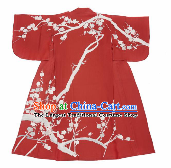 Japanese Handmade Printing Sakura Red Kimono Costume Japan Traditional Yukata Dress for Women