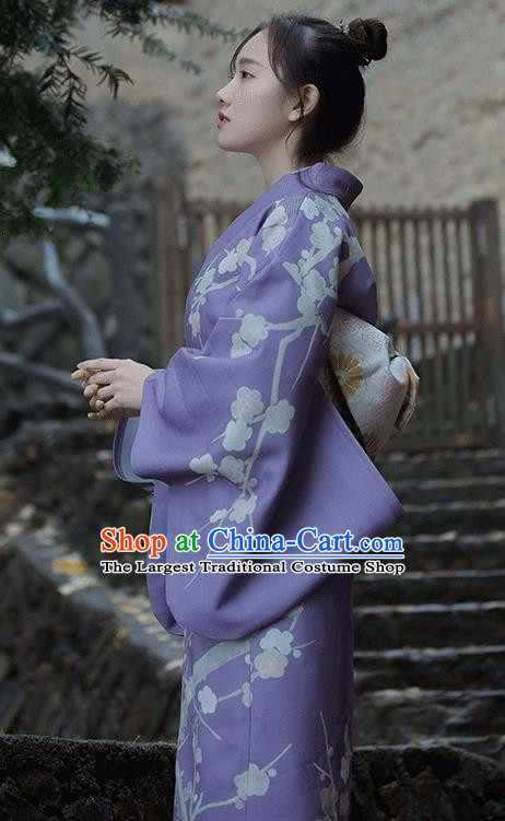 Japanese Handmade Printing Sakura Light Purple Kimono Costume Japan Traditional Yukata Dress for Women